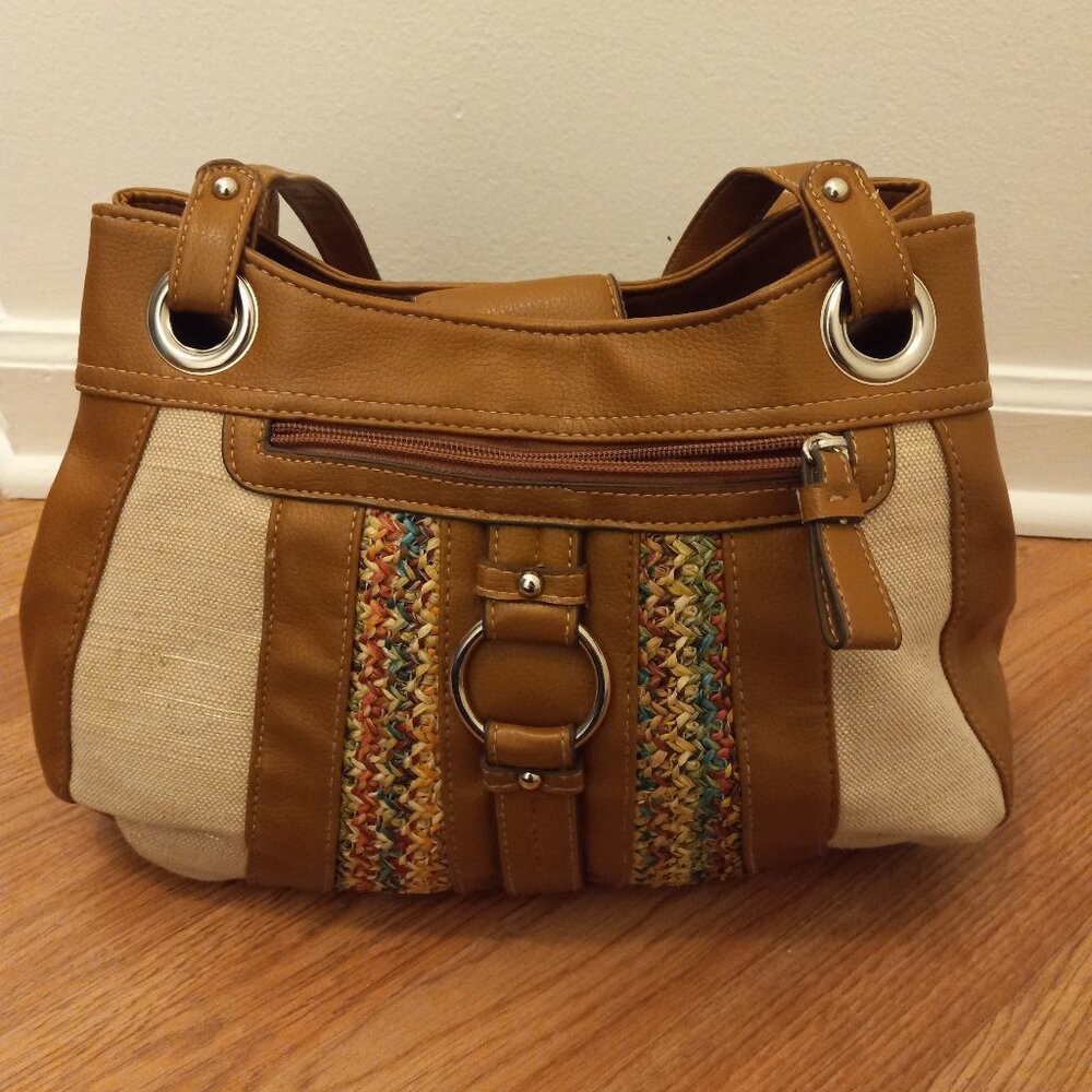 Croft and Barrow Brown Leather Bag with Empbroidery Style Front